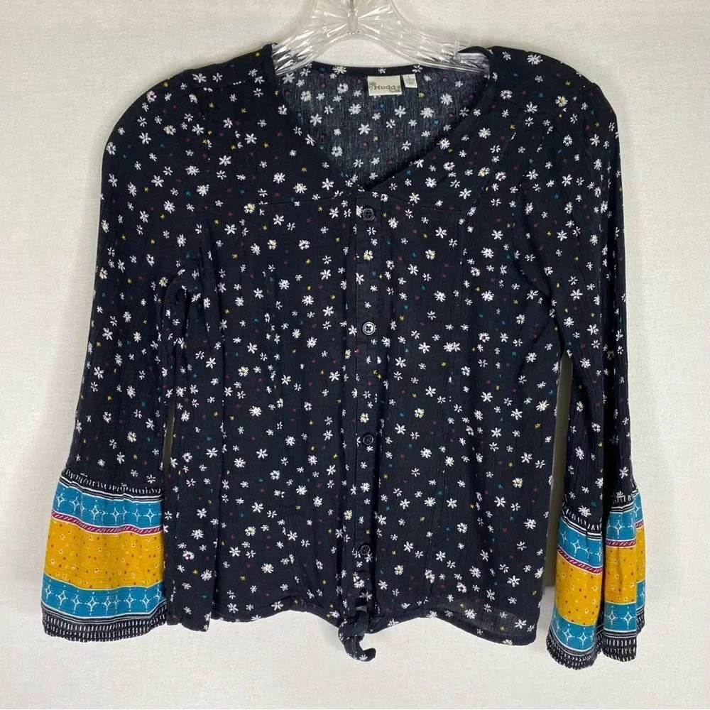 Mudd Top Girls Black Multi Color Button Down Tie Waist Floral Flare Sleeves 10